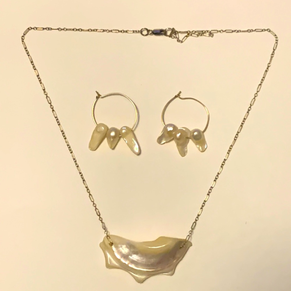 Mother of Pearl and Gold Filled Necklace and Matching Hoop Earrings